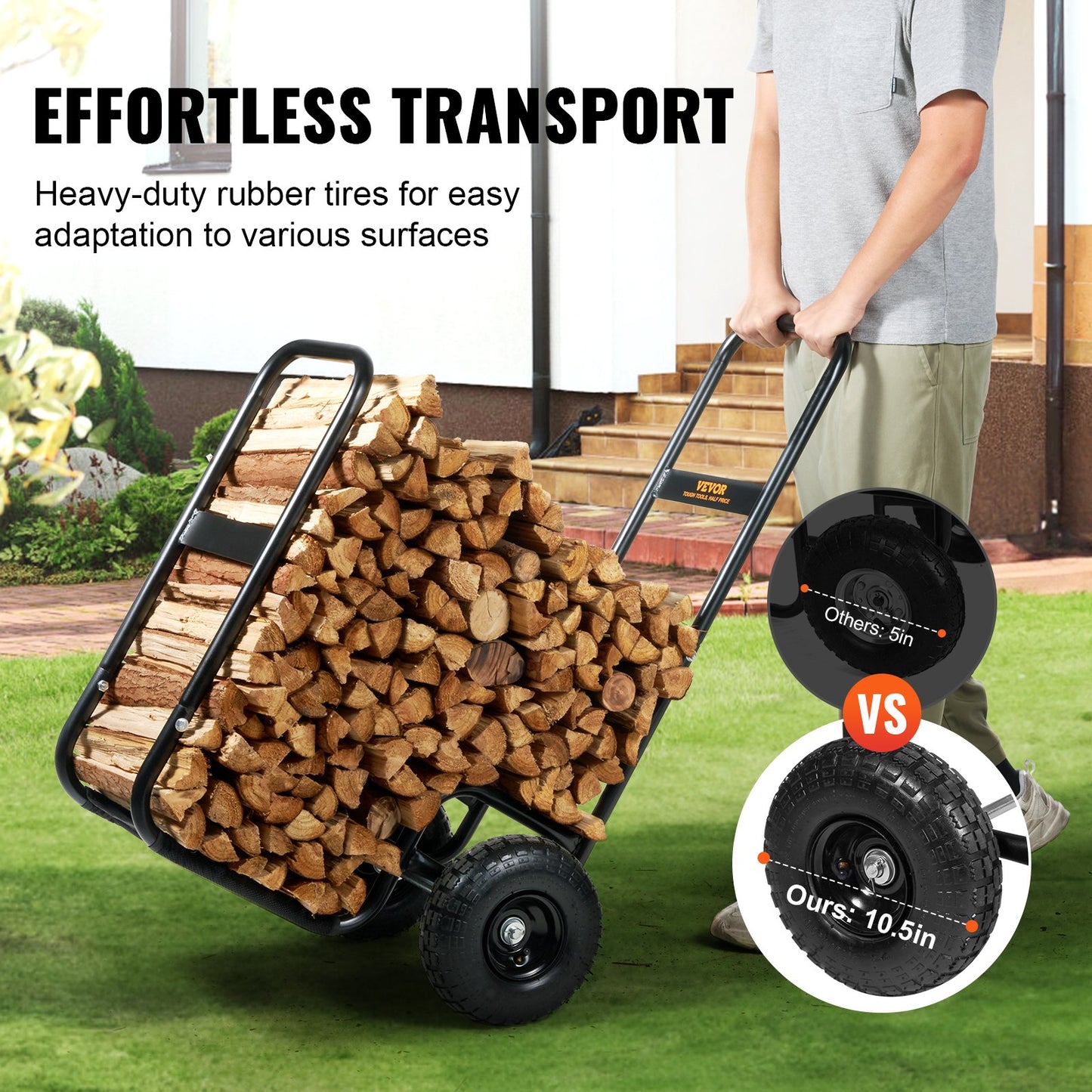 Heavy Duty Firewood Log Cart with 250 Lbs Capacity - Outdoor Indoor Wood Storage & Transport