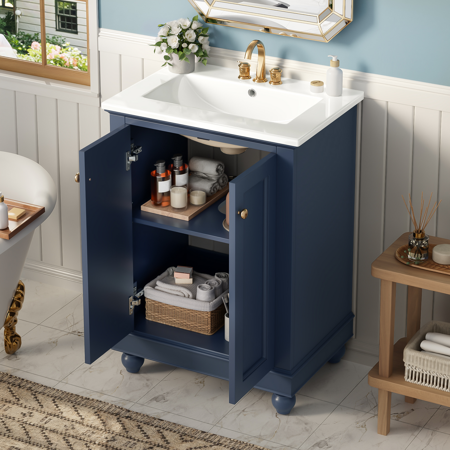 24-Inch Blue Bathroom Vanity Cabinet with Ceramic Sink