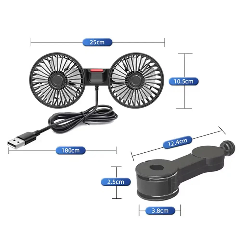 Dual Head USB Car Fan - 3 Speed Rotatable Backseat Cooler