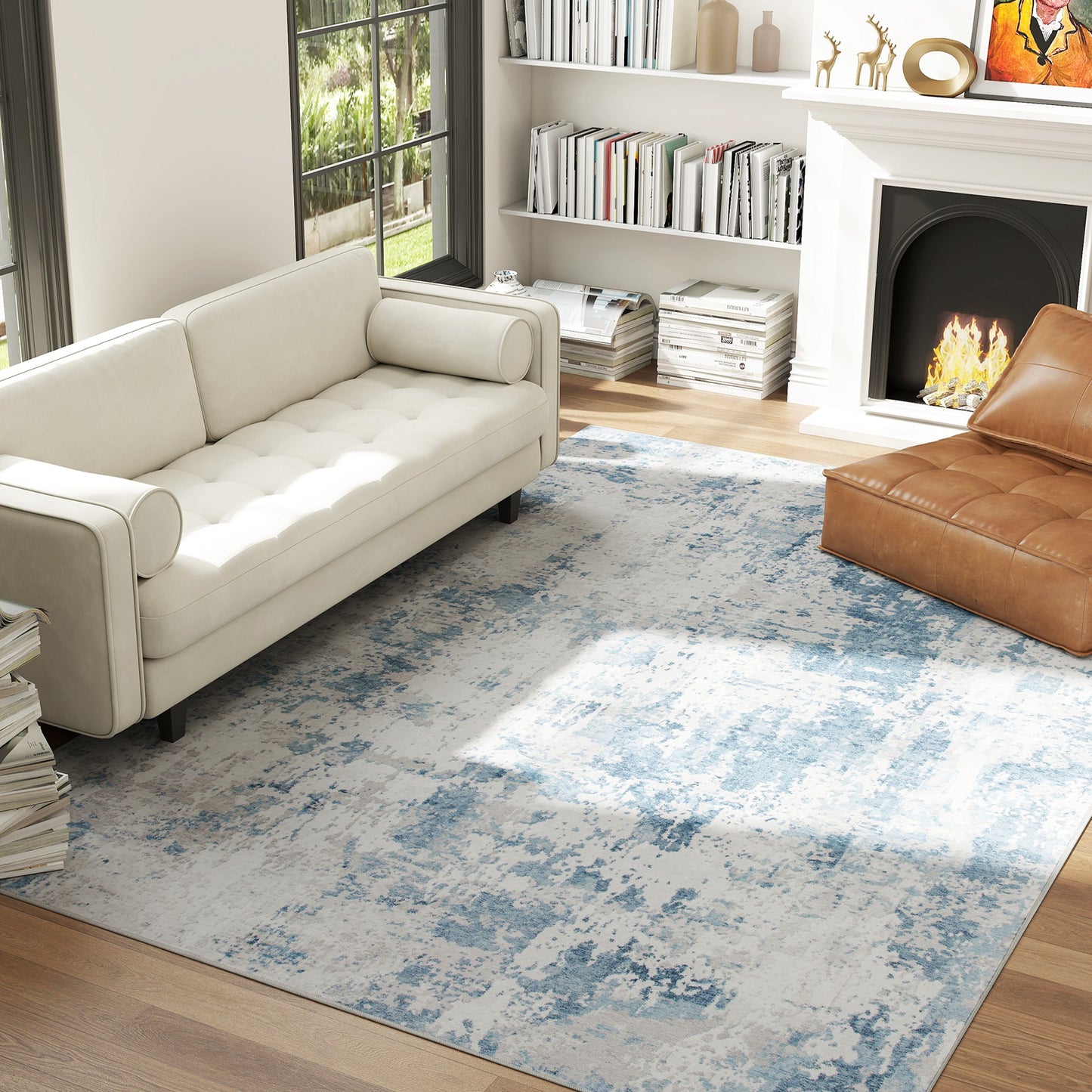 Machine Washable Area Rug 8x10 - Non-Slip Blue Abstract Carpet