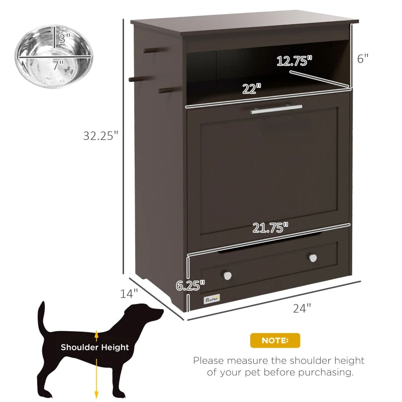 Dog Food Storage Cabinet with Elevated Bowls and Side Hooks - Brown