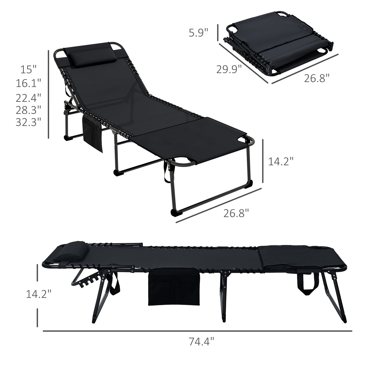 Folding Chaise Lounge Chair with 5-Position Recline and Side Pocket - Black