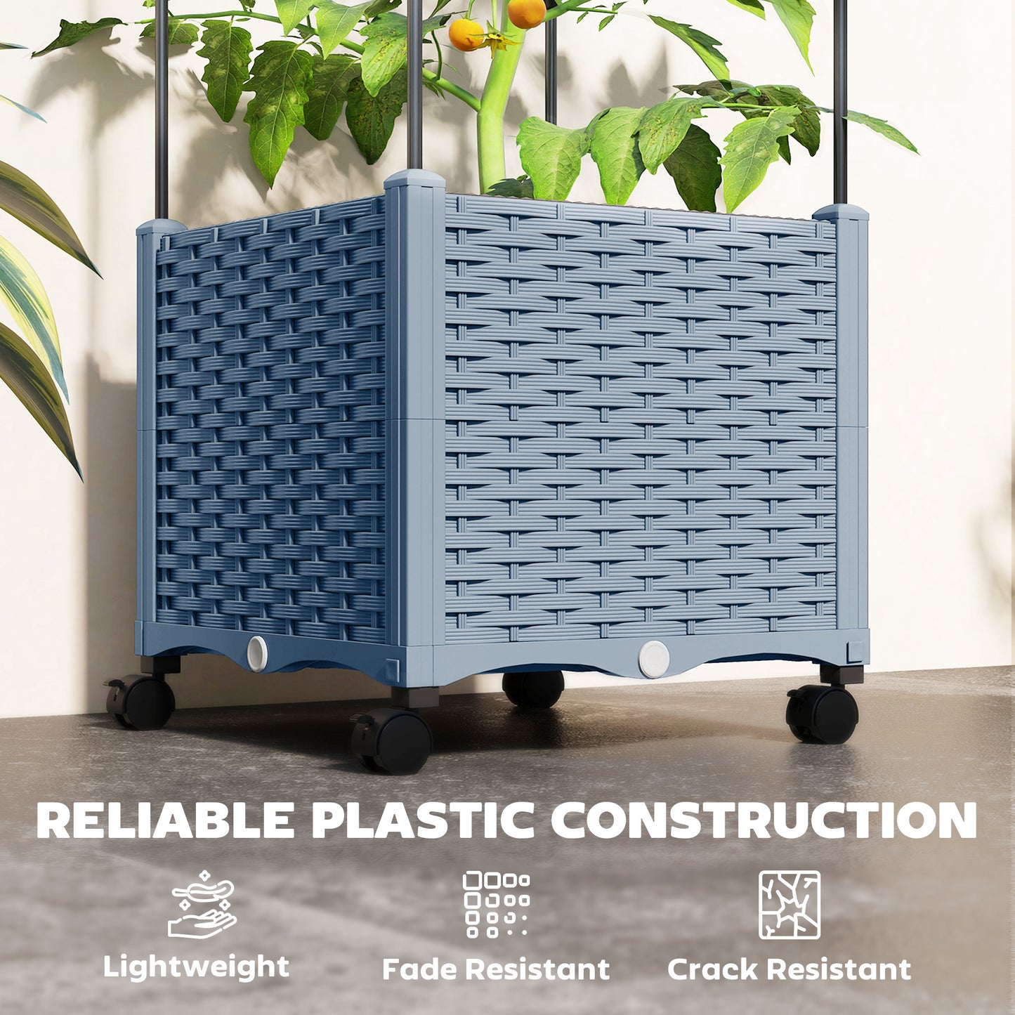 Raised Garden Bed with Trellis and Lockable Wheels - Self Watering Planter, Gray 440x440x160mm