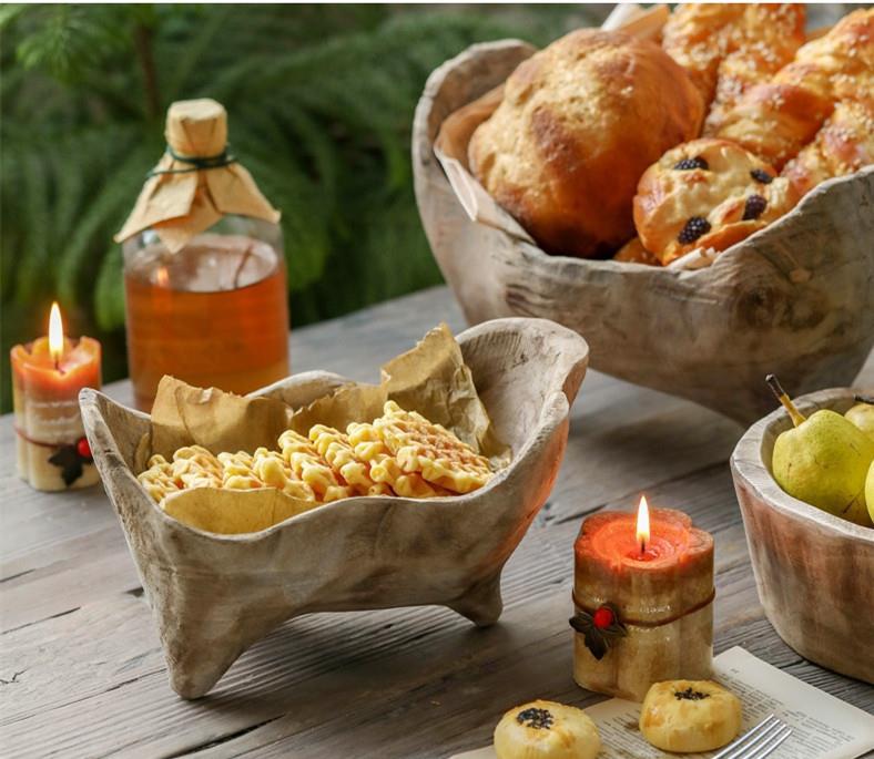 Wooden Ingot-Shaped Fruit Tray with Feet - Solid Wood Bread Plate for Kitchen