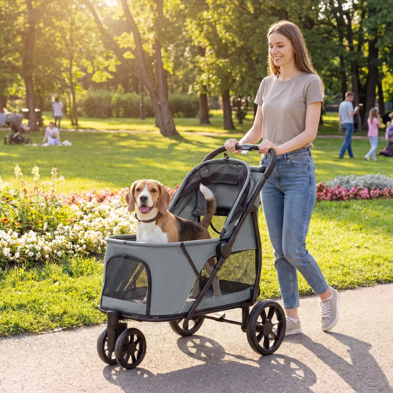 Pet Stroller for Medium Dogs - 3 Wheel Folding Canopy Mesh Window Gray