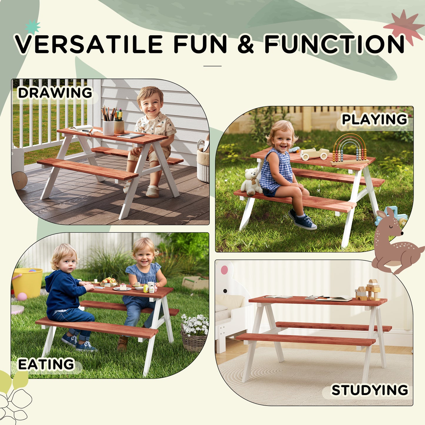 Kids Picnic Table & Bench Set - Outdoor Wooden Furniture, Brown