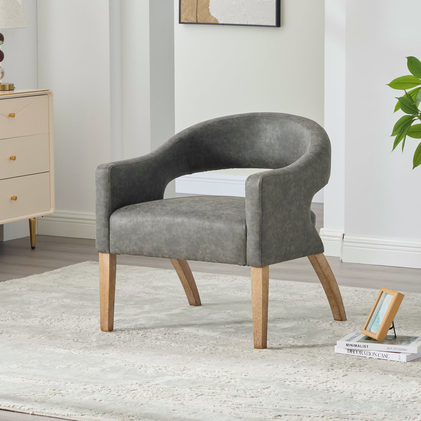 Modern Gray Upholstered Accent Armchair with Rubberwood Legs