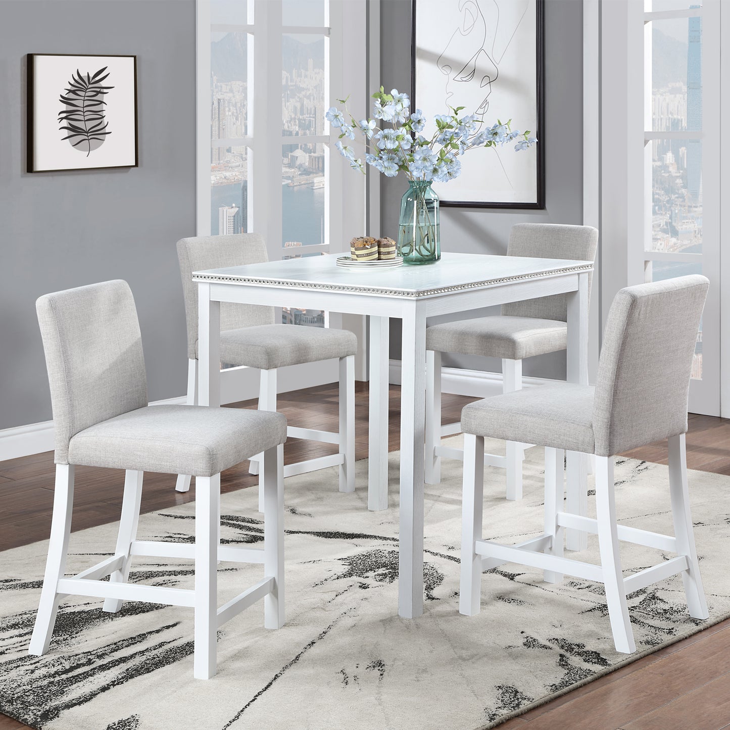 Counter Height Chairs Set for 4 - Padded Seat, White & Gray