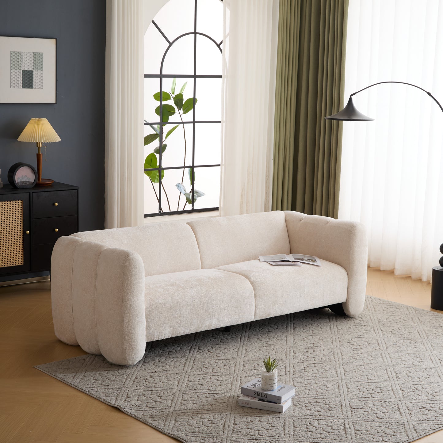 3-Seater Boucle Sofa with Wave Design - Beige
