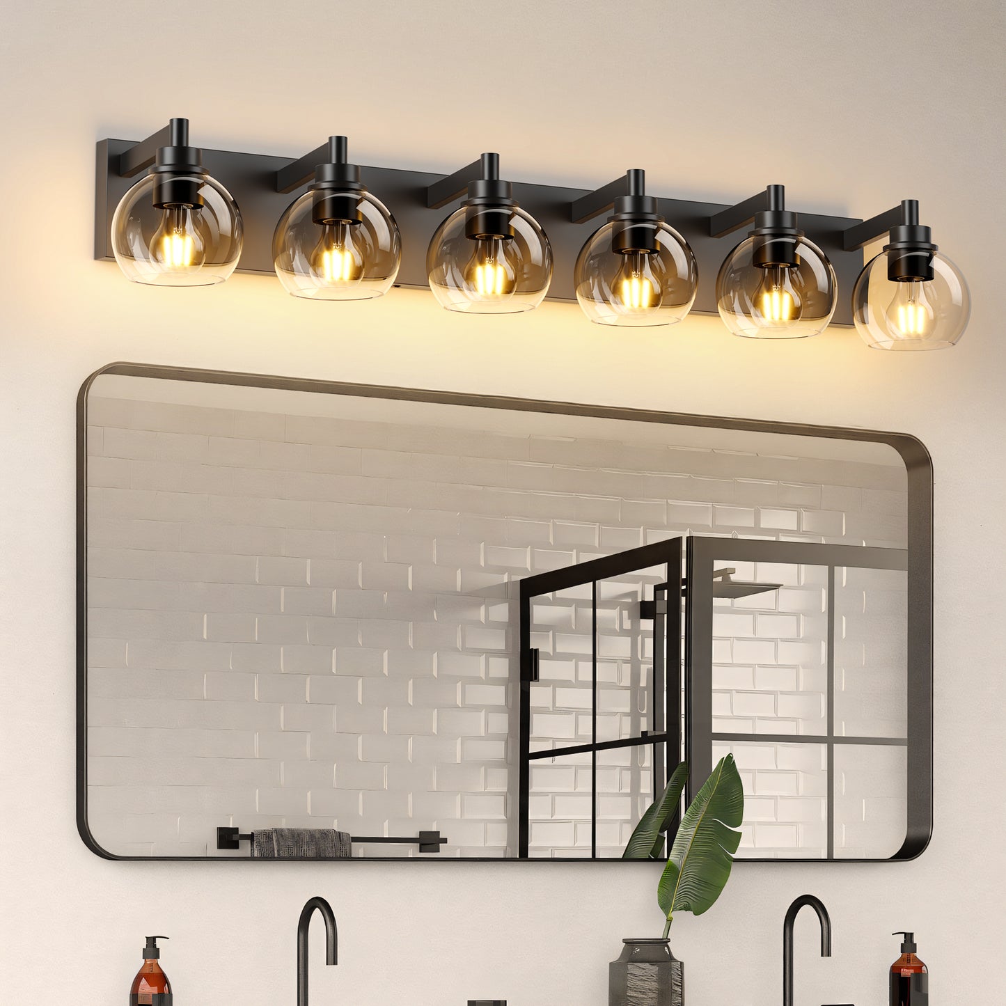 6-Light Bathroom Vanity Light Fixture - Rustic Black Glass Shade