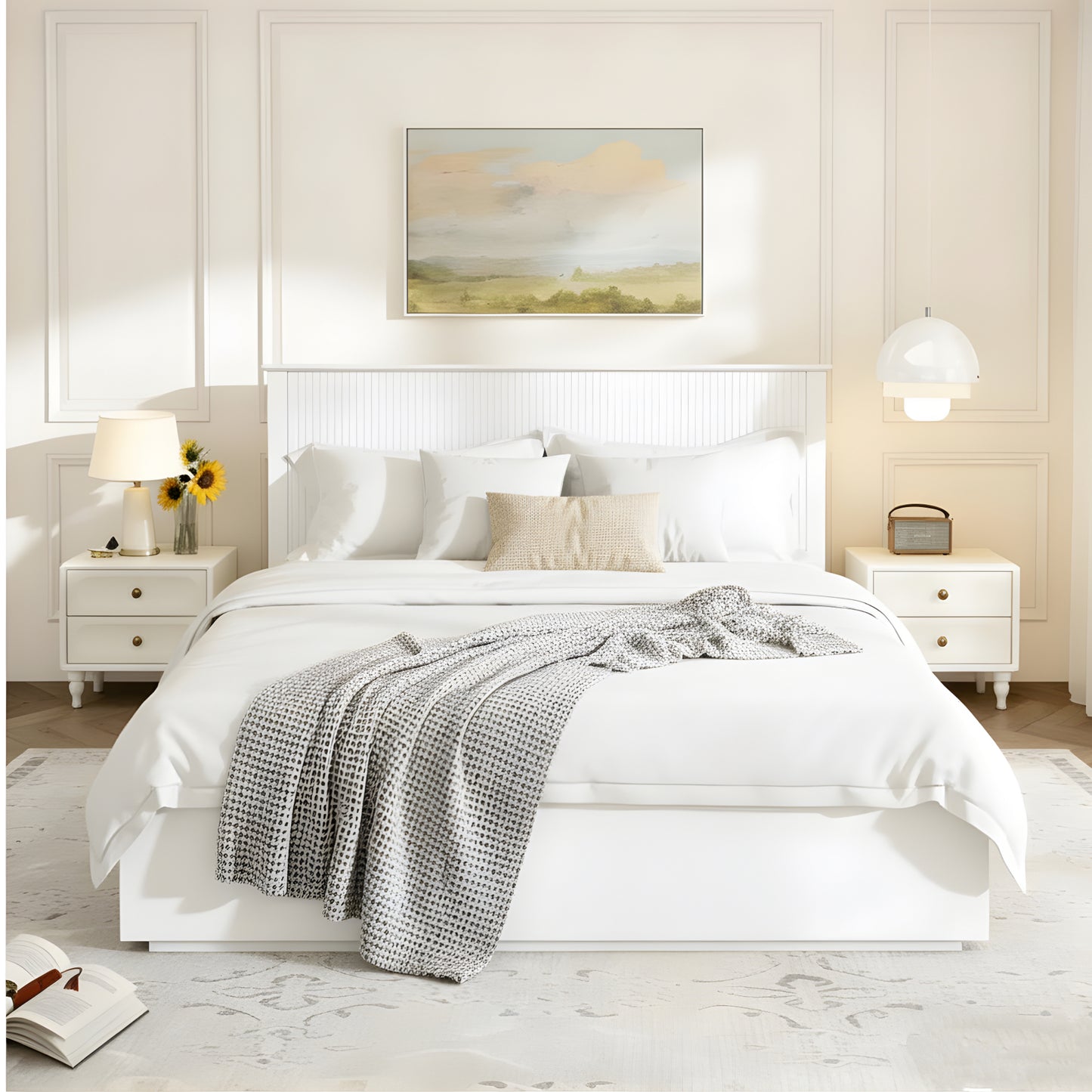 Stylish Queen Size Bed Frame - White Solid Wood, 600lbs Capacity