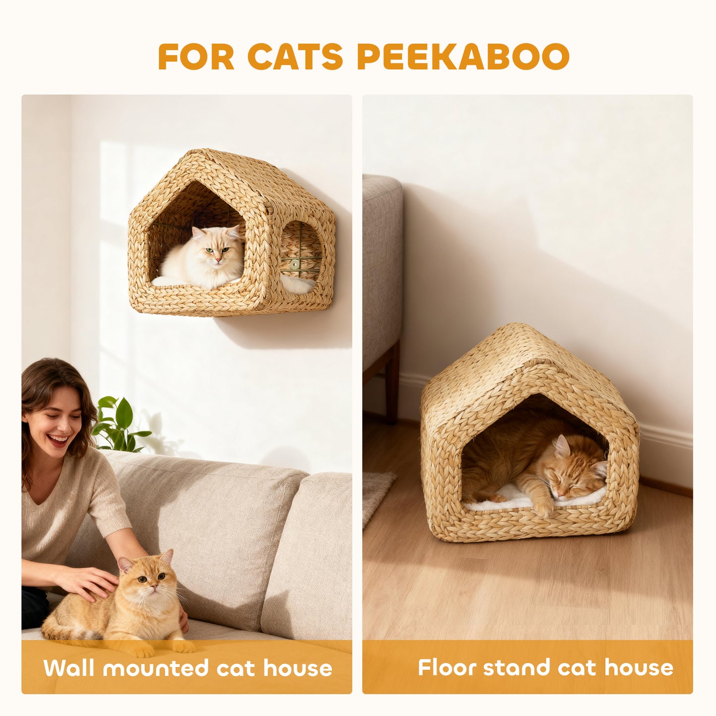 Wall Mounted Cat House with Washable Cushion - Natural Wood Cat Wall Shelf