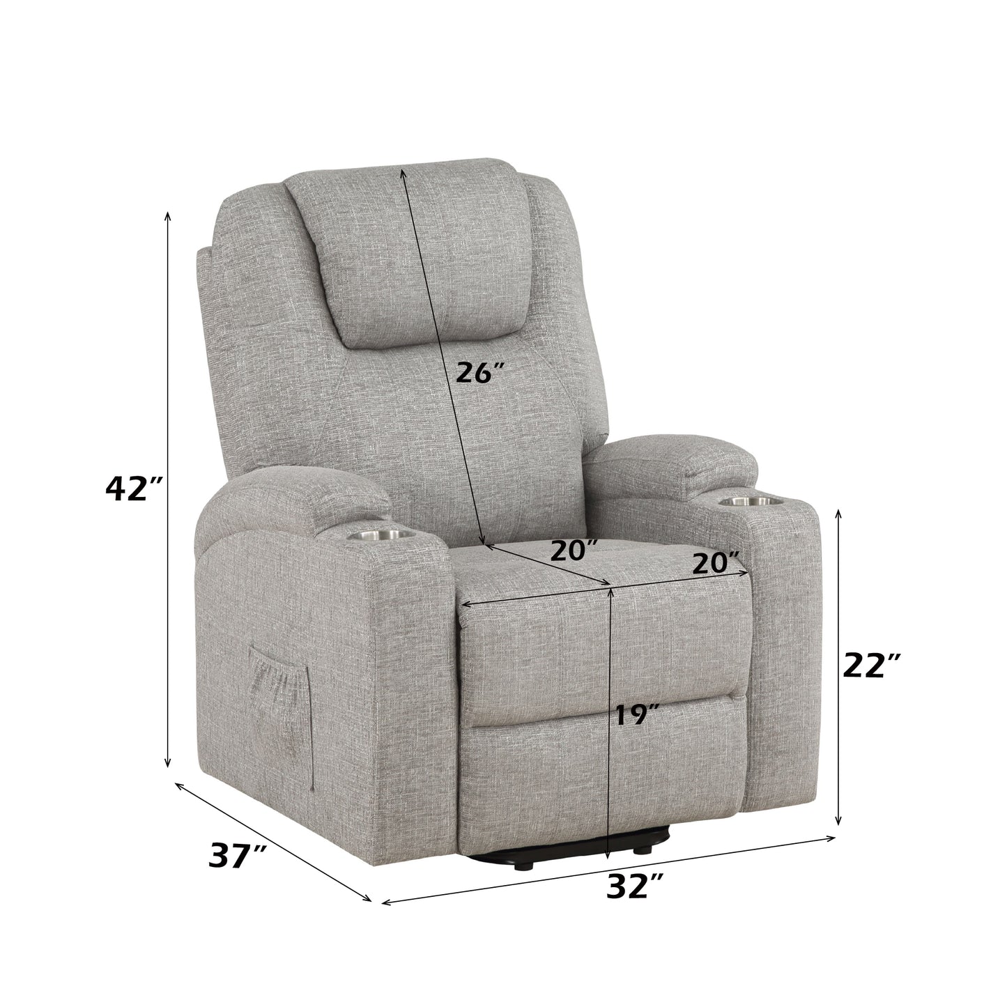 Light Gray Chenille Recliner with Power Lift & Massage