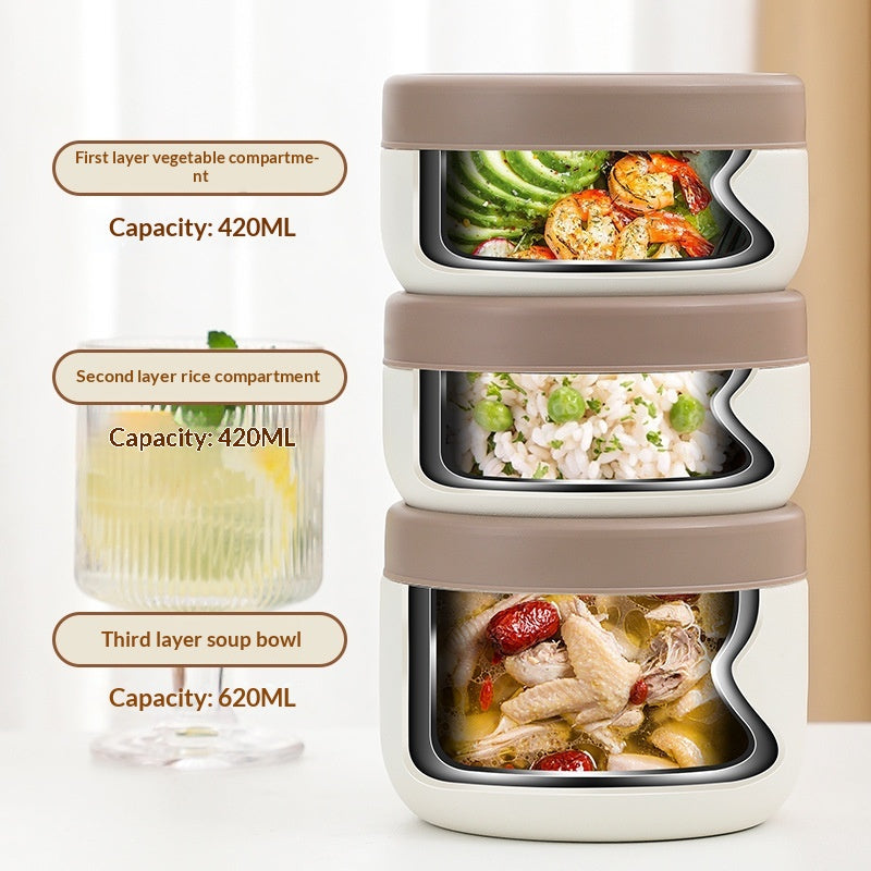 Round Stainless Steel Soup Pot Lunch Box with Compartments, 2200ML Four Layers