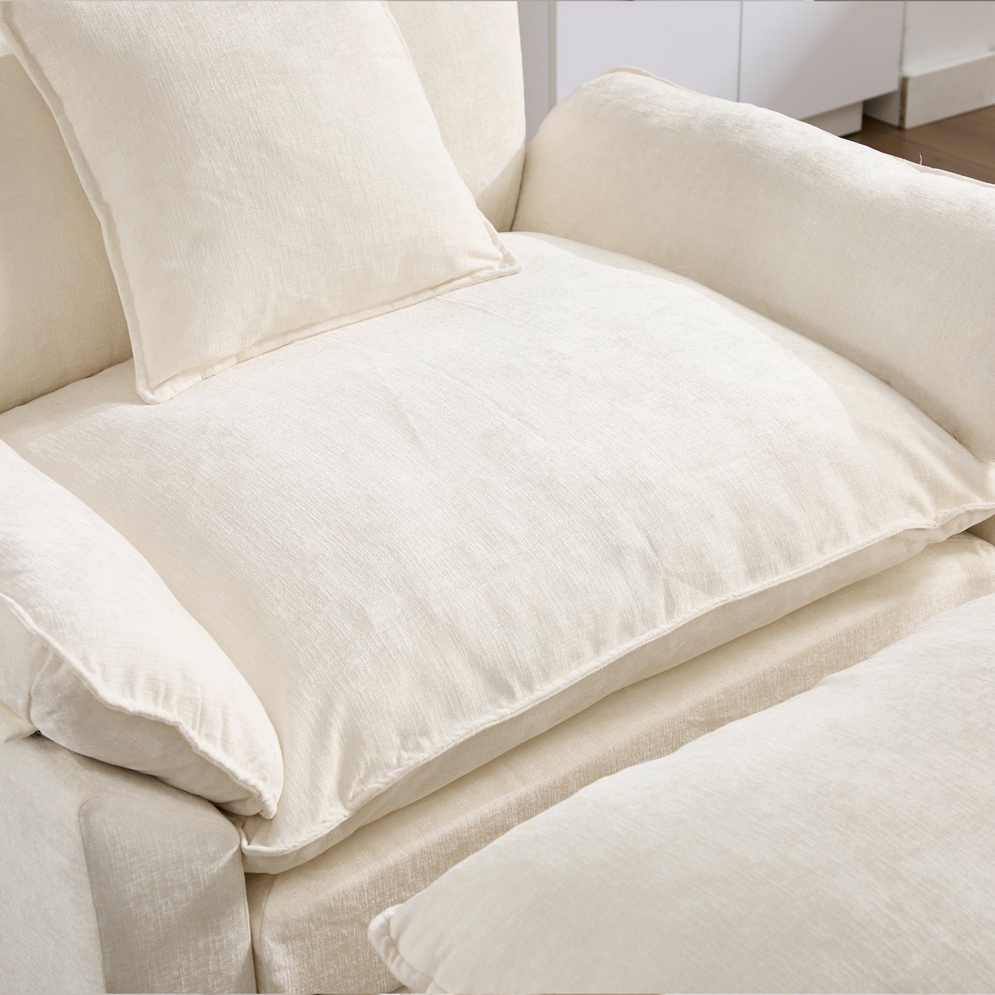 Modern Chenille Accent Chair with Ottoman - Beige Upholstered Armchair