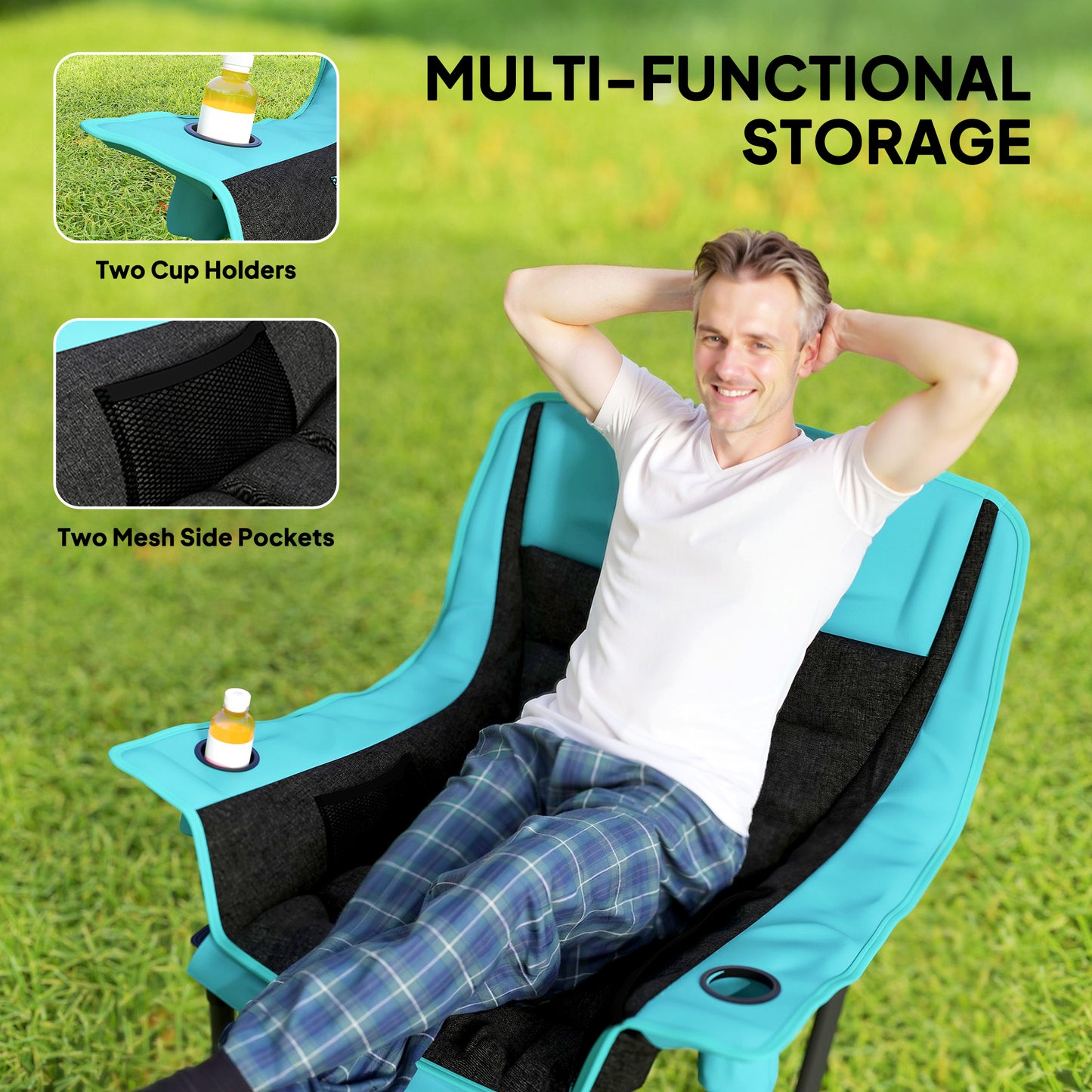 Portable Folding Camping Chair with Cup Holders & Carry Bag - Green/Black
