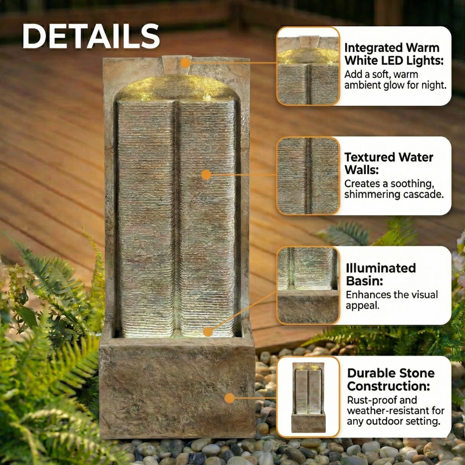 39 Inch Outdoor Water Fountain with Pump, Modern Cascading Garden Water Feature with LED Lights