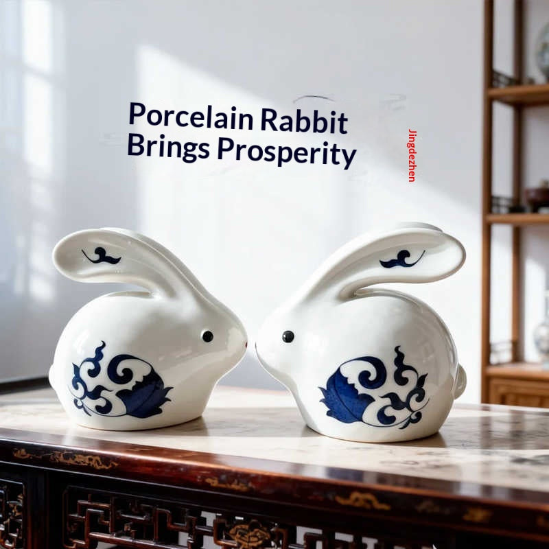 Blue-and-White Ceramic Rabbit Ornament Pair - Chinese Porcelain Decor