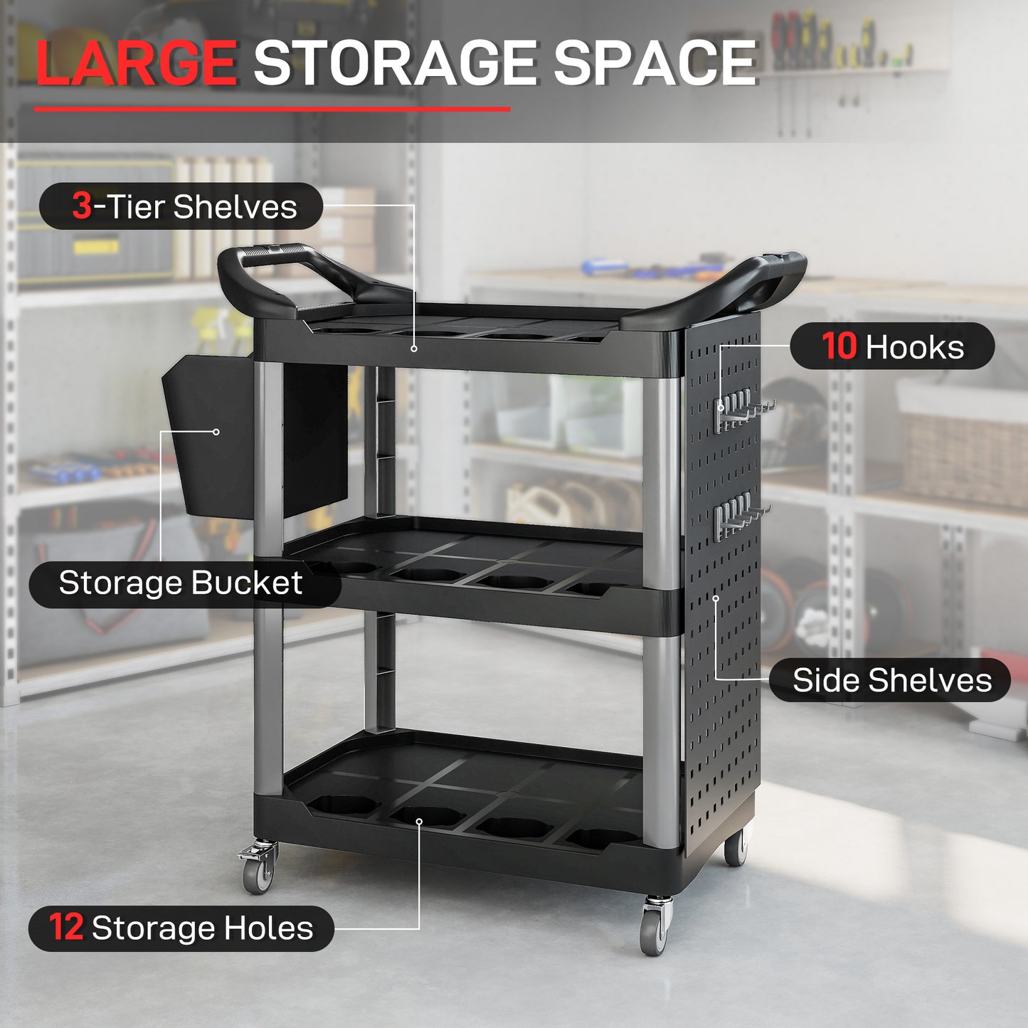 3-Tier Rolling Tool Cart with Side Shelf and Bucket - Black & Light Gray