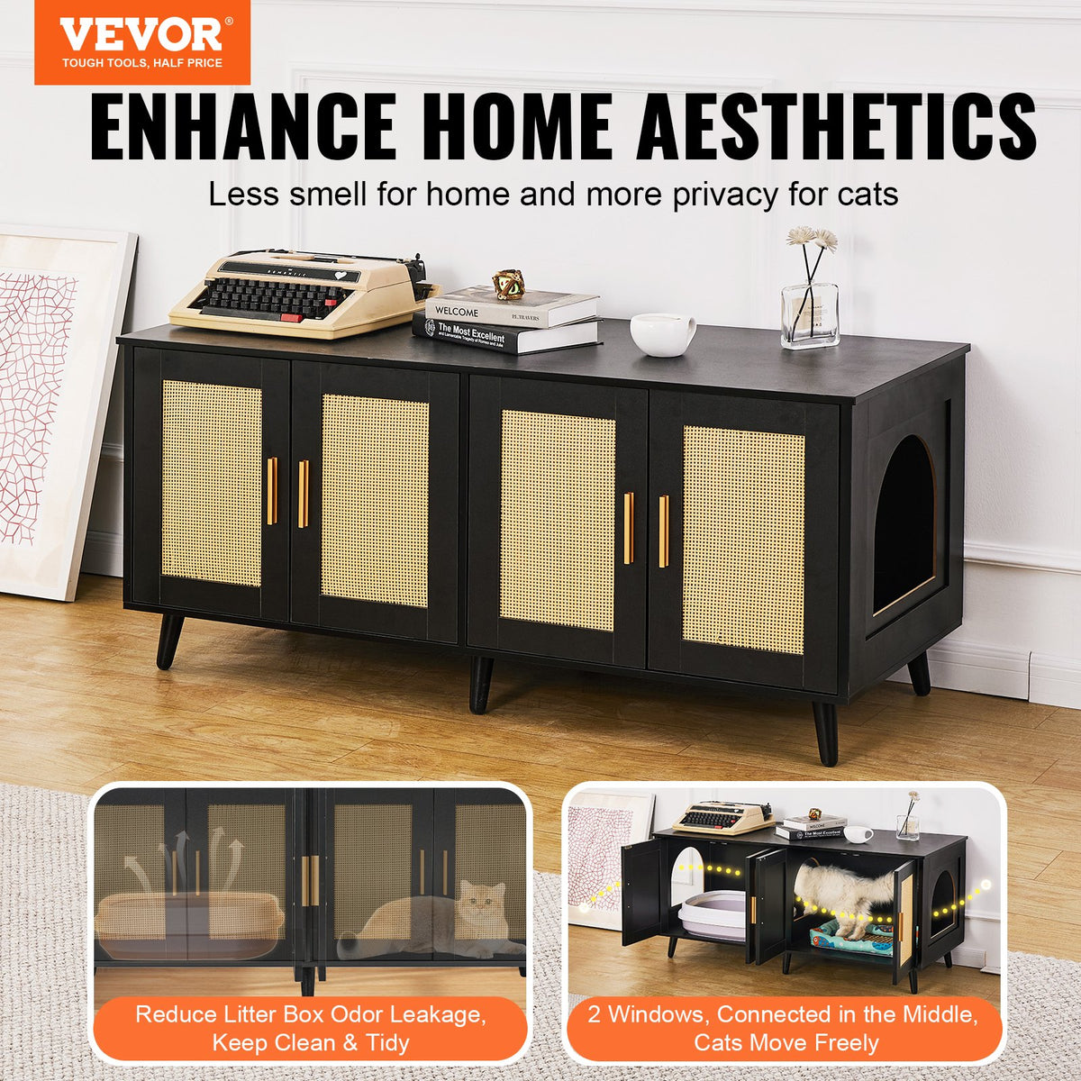 Wooden Cat Litter Box Enclosure with Hidden Design & 2 Rooms - Black