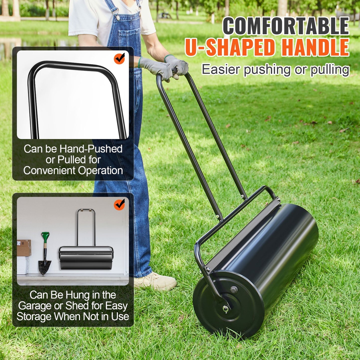 Heavy-Duty Lawn Roller 17 Gallon Steel Water & Sand Filled Garden Tool Black
