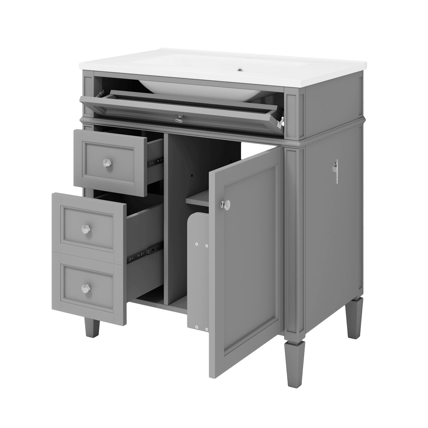 30'' Modern Bathroom Vanity with Sink & 3 Drawers - Grey