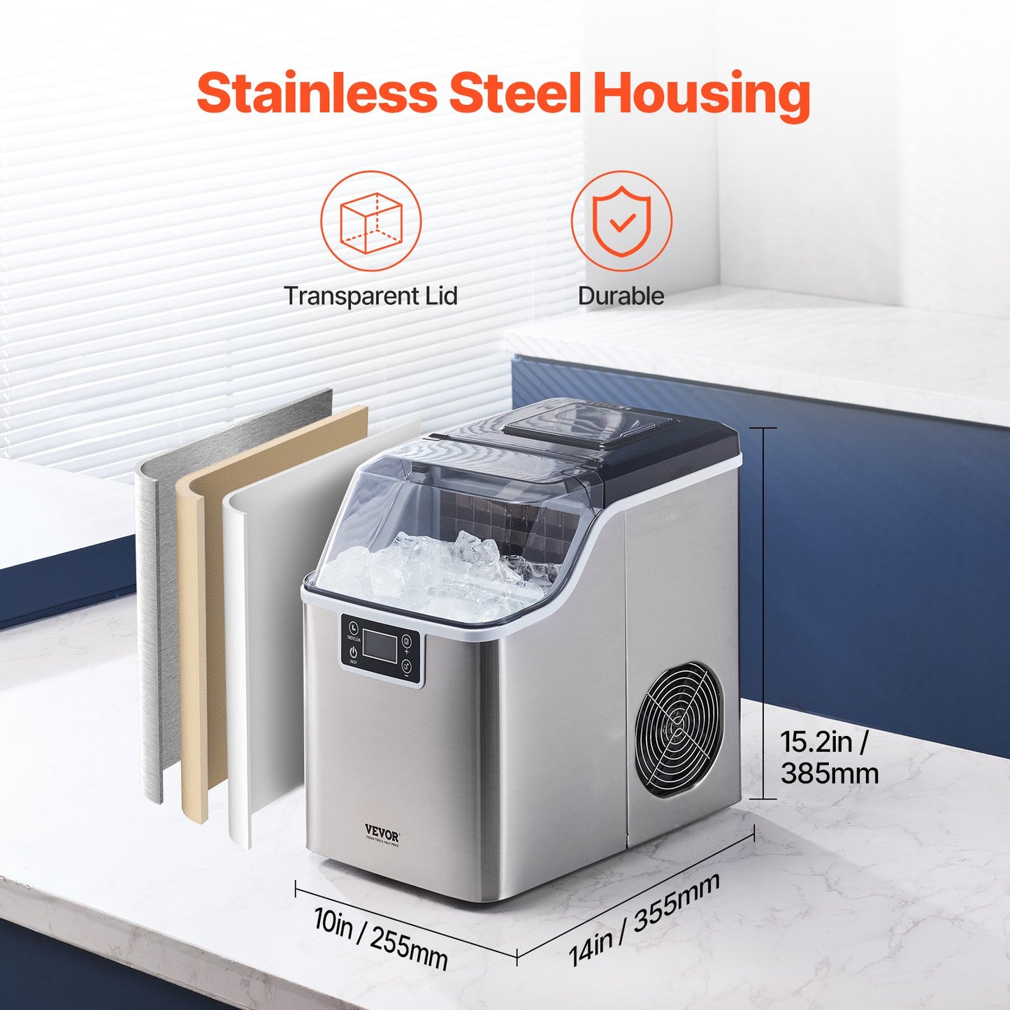 Portable Countertop Ice Maker 45Lbs/24H Stainless Steel Self-Cleaning with Scoop