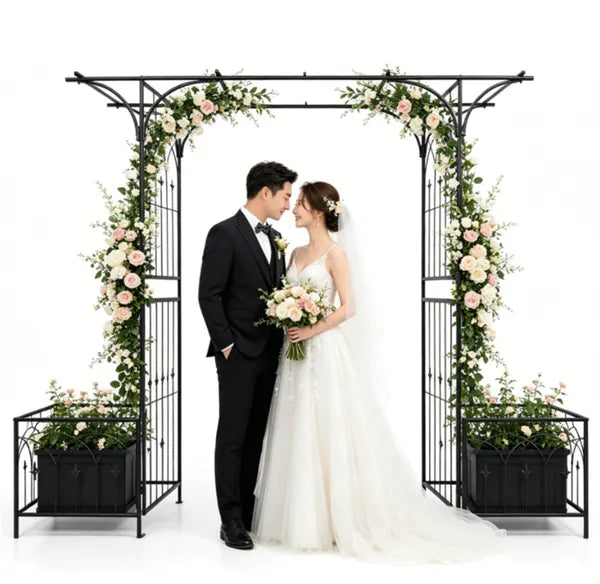 Metal Garden Arbor with Double Lockable Gate & Planter Boxes