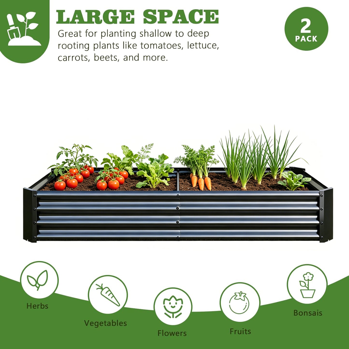 Metal Raised Garden Beds - 2PCS Black 6x3x1ft Planters