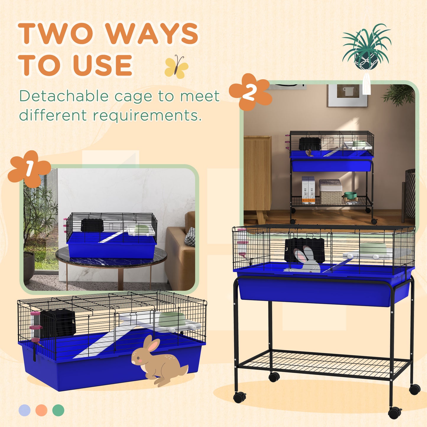 Small Animal Cage with Removable Stand & Wheels - 33 x 18.5 x 35 inch Blue Pet Habitat
