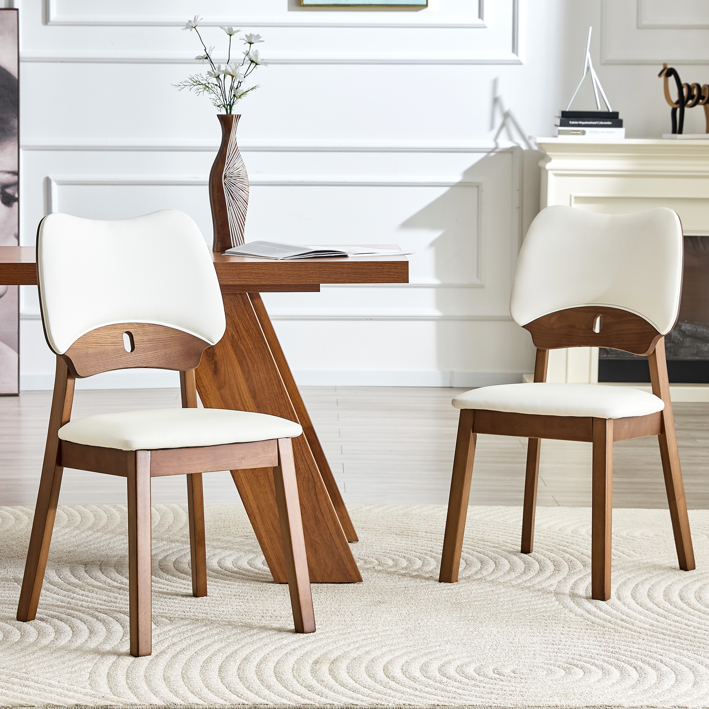 2 Walnut Colored Solid Wood Dining Chairs, With White PU Soft