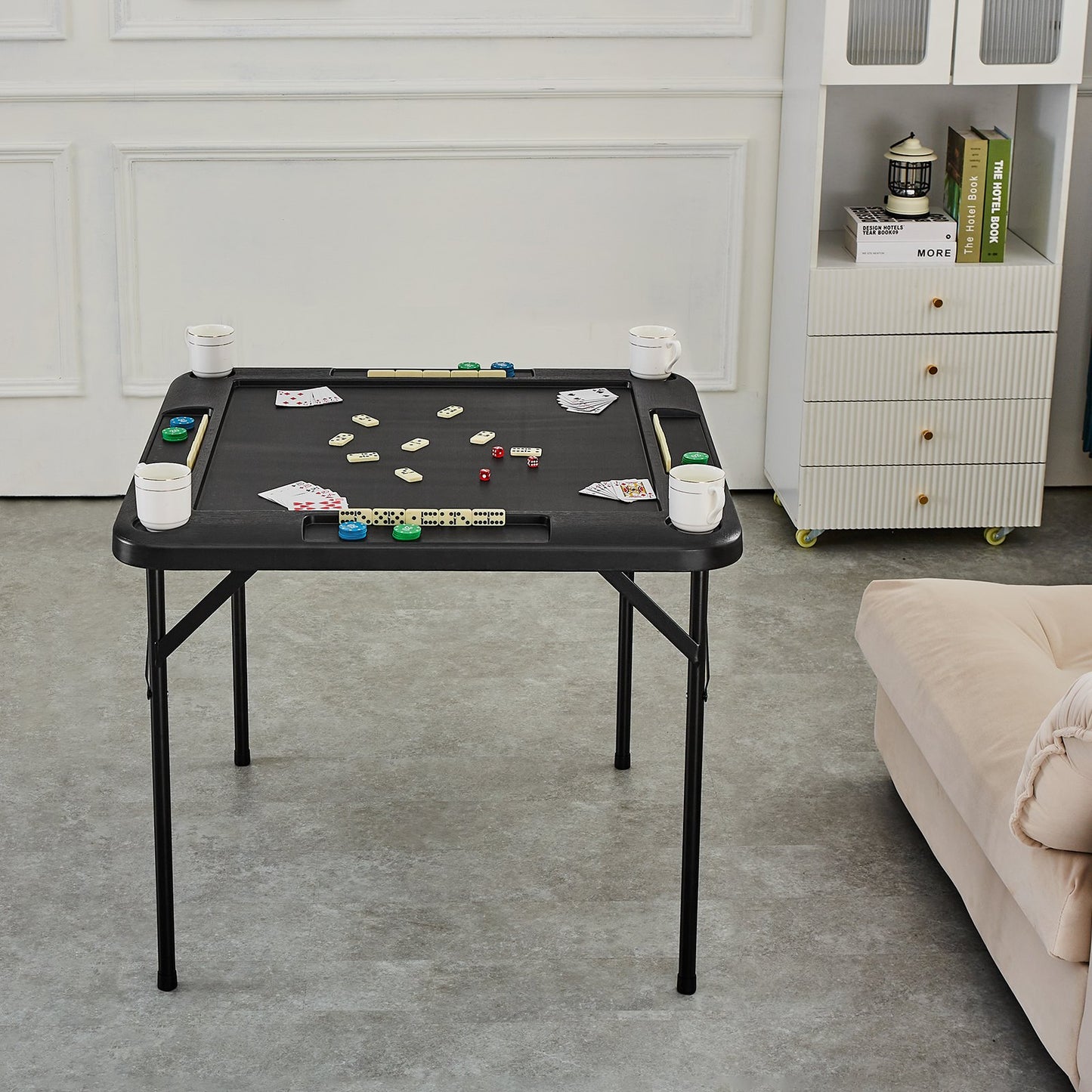 Folding Mahjong Table for 4 Players with Cup Holders & Chip Trays - Black