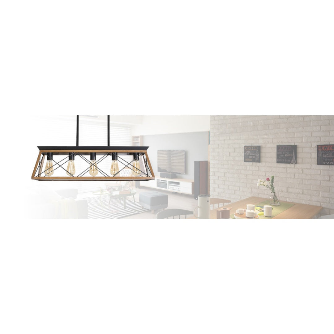 32-Inch Walnut Industrial 5-Light Pendant Chandelier - Adjustable