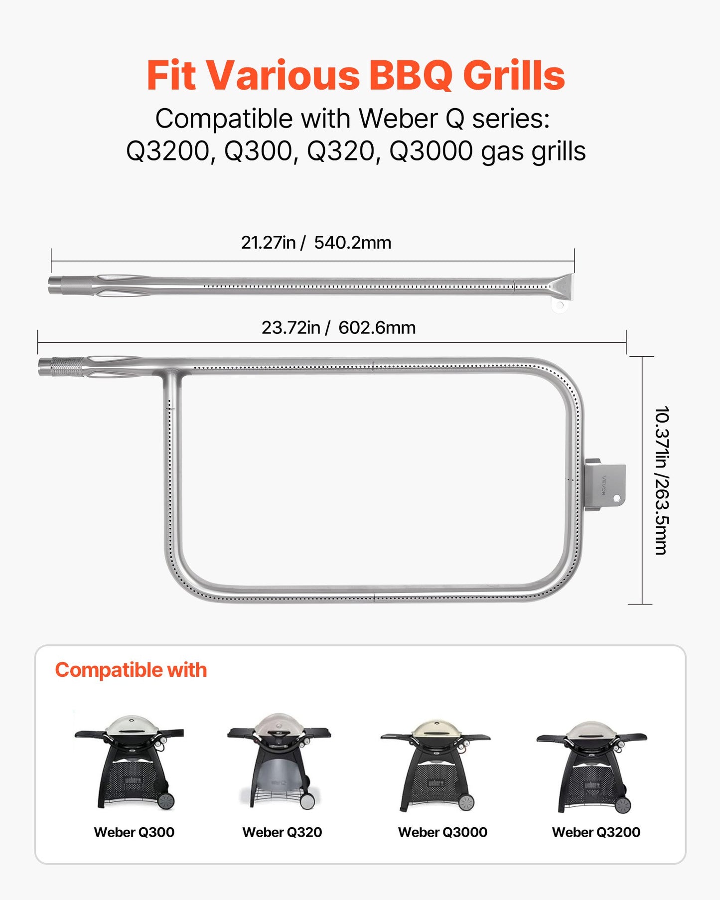 Replacement Stainless Steel Burner Tube for Weber Q Series Grills