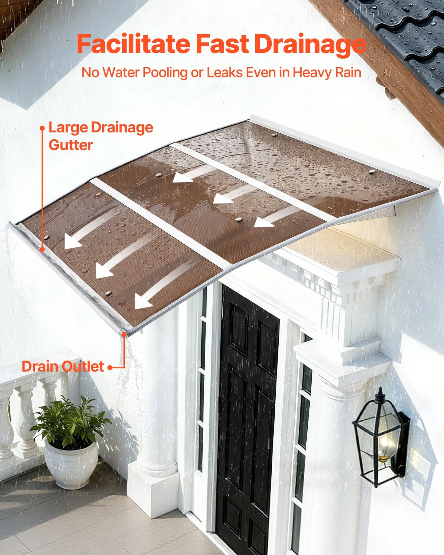 Black Polycarbonate Door Awning 39x59 Inch Weatherproof Exterior Canopy