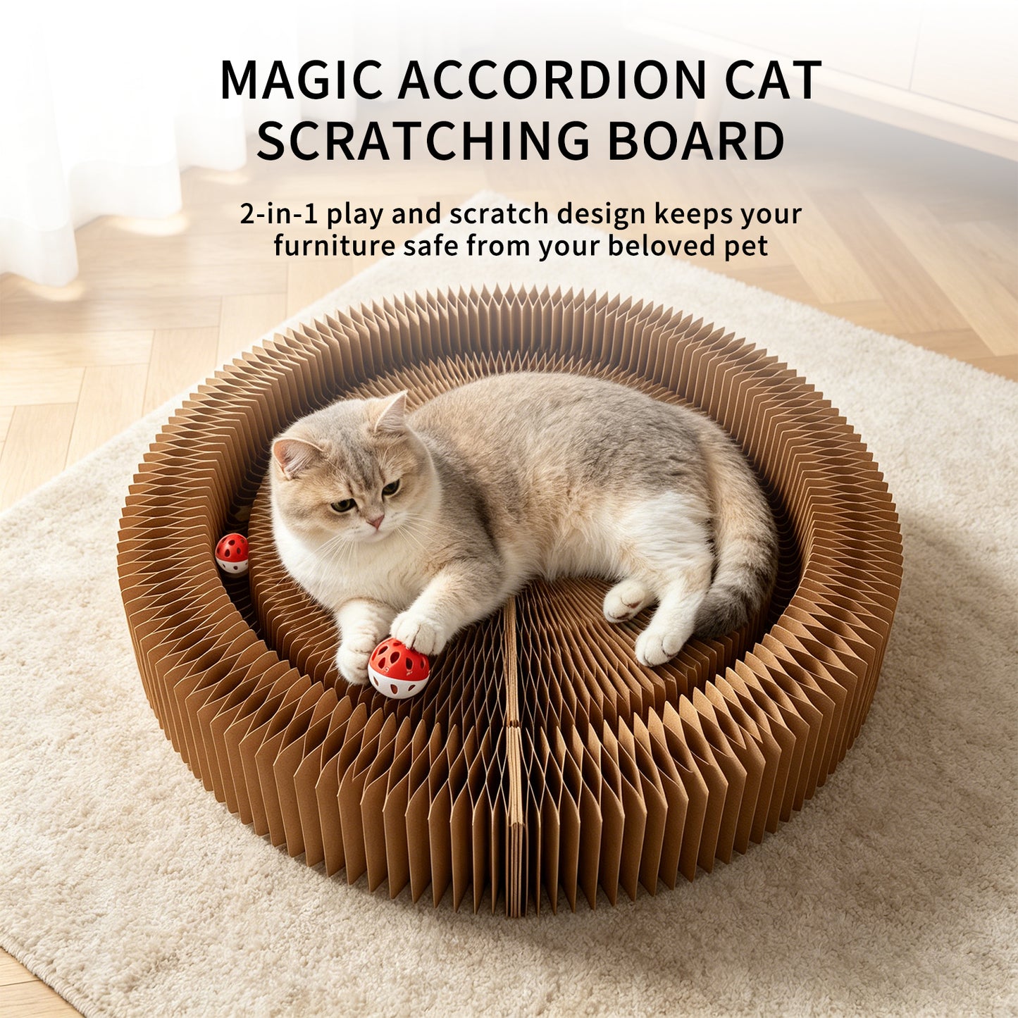 Foldable Cat Scratcher Toy with Rolling Bell Ball - Interactive Cardboard Claw Furniture