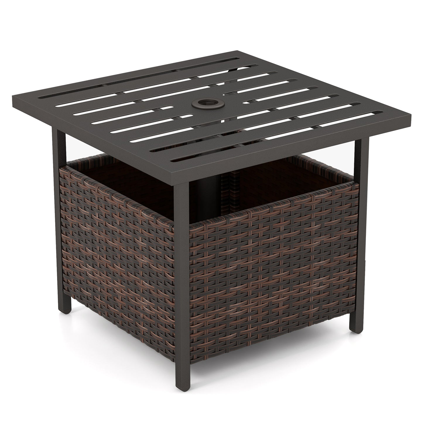 Outdoor Rattan Wicker Side Table with Steel Frame - Brown