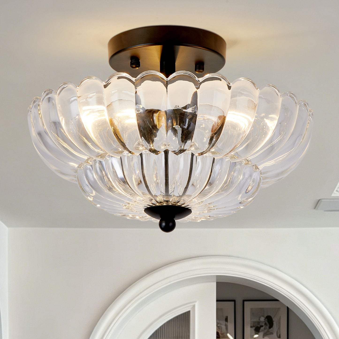3-Bulb Semi Flush Mount Ceiling Light with Floral Glass Shades - Smoky Gray & Clear Variants