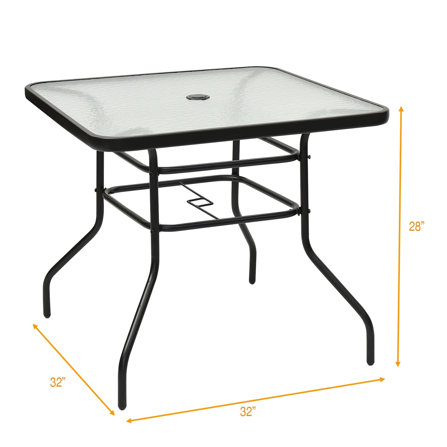 32-Inch Black Steel Square Patio Table with Tempered Glass Top