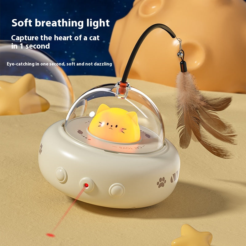 Electric UFO Cat Teaser Toy with Bell & Replaceable Feathers, USB Rechargeable Pet Chase Toy