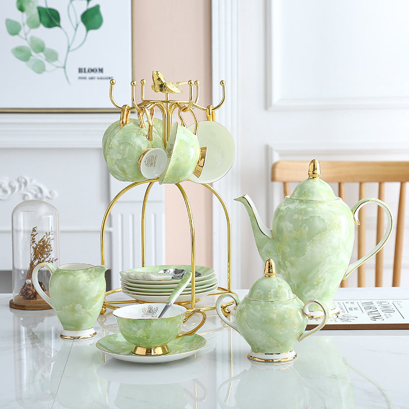 Modern Green Bone China Coffee Set with Gold Tracing - 8-Piece Tea & Coffee Service