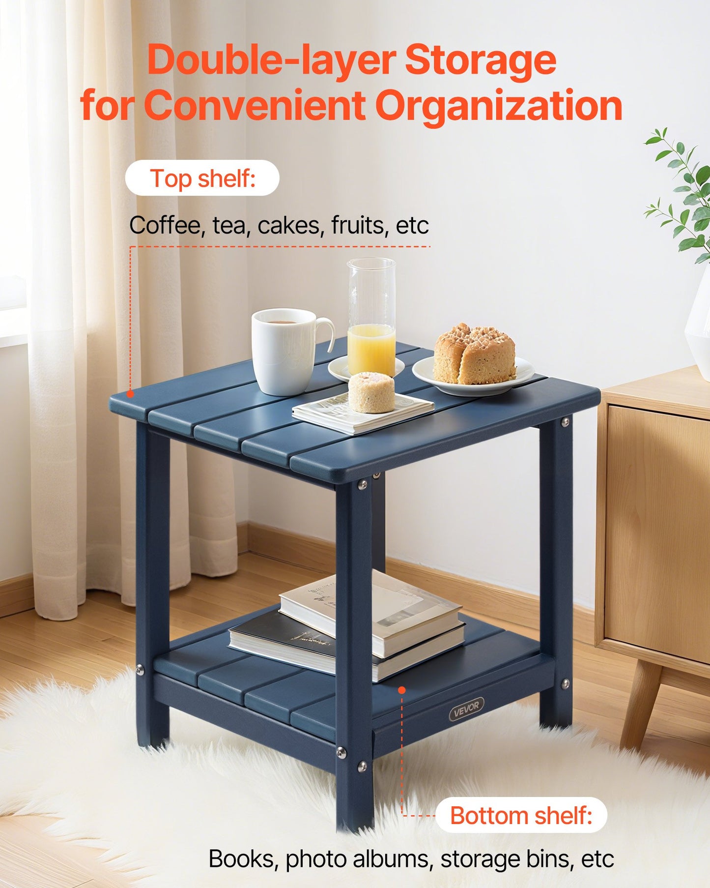 Outdoor Side Table 2-Tier HDPE Weatherproof Garden End Table - Blue