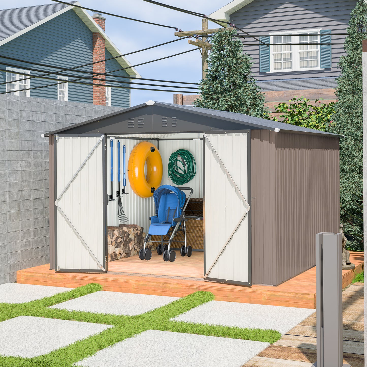 10' x 10' Metal Garden Storage Shed with Lockable Doors - Brown