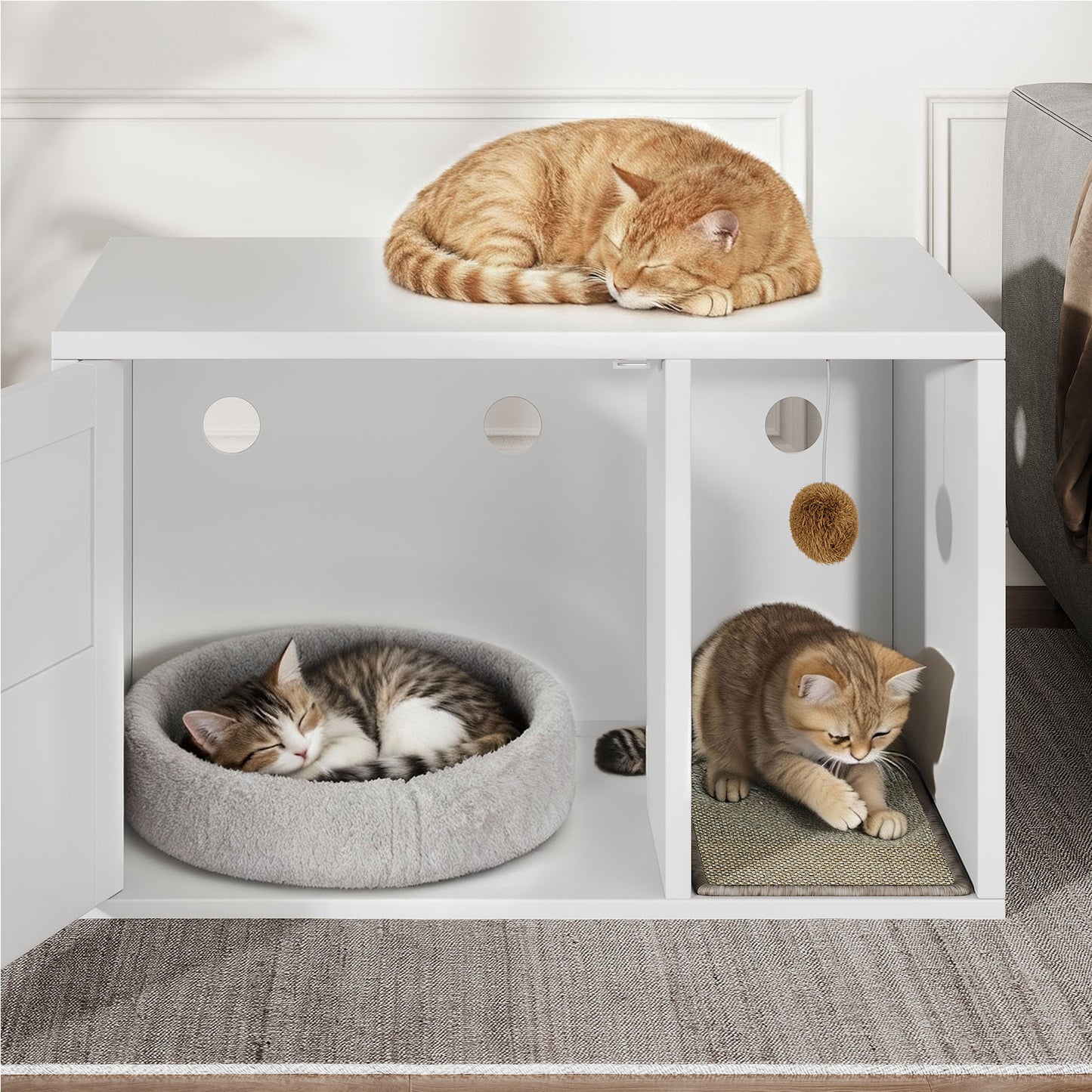 Multifunctional Cat Litter Box Cabinet with Odor Control & Side Table - White