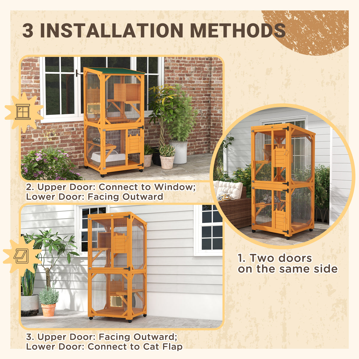 Large Wooden Cat House with Wheels - Enclosure for 1-3 Cats, Orange