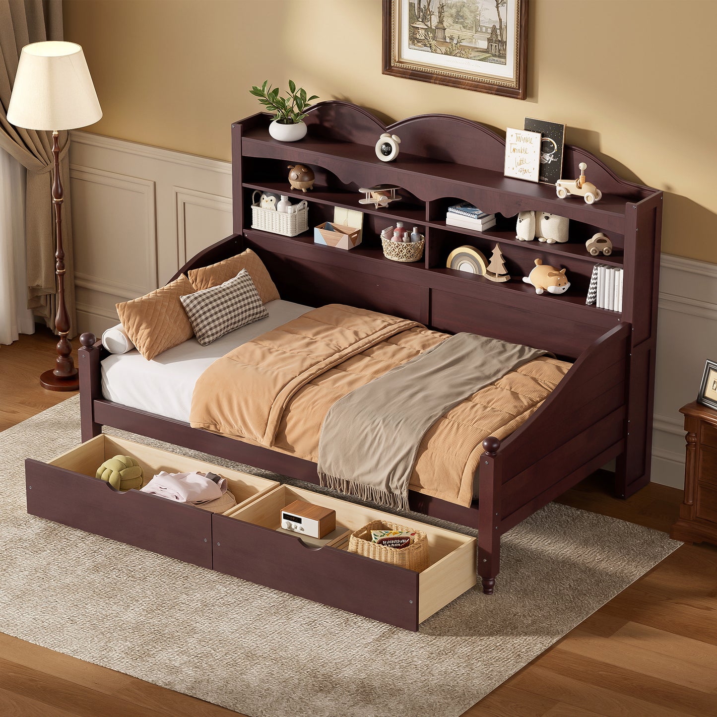 Twin Daybed with Storage Drawers - Espresso Wood, Retro Style