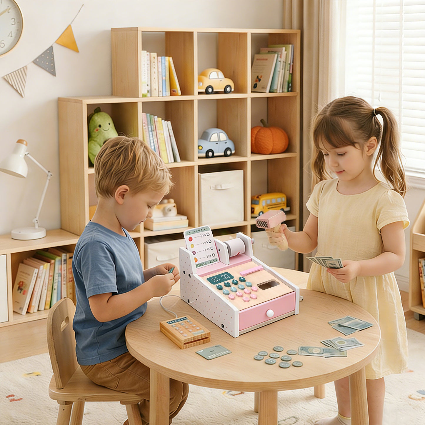Wooden Toy Cash Register With Scanner Math Learning Role Play Cashier