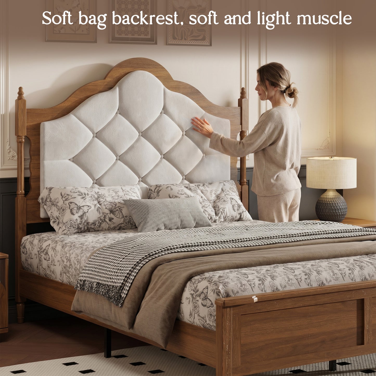 Queen Size Wood Platform Bed Frame with Upholstered Headboard, Brown