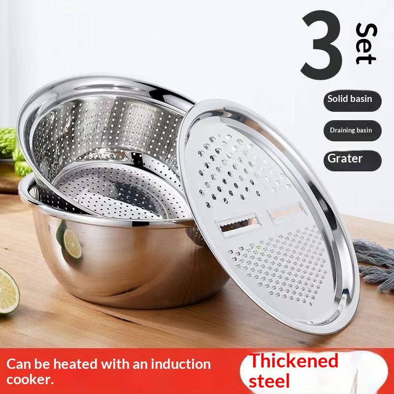 3-in-1 Vegetable Chopping Set Stainless Steel Grater and Wash Basin - Multiple Sizes