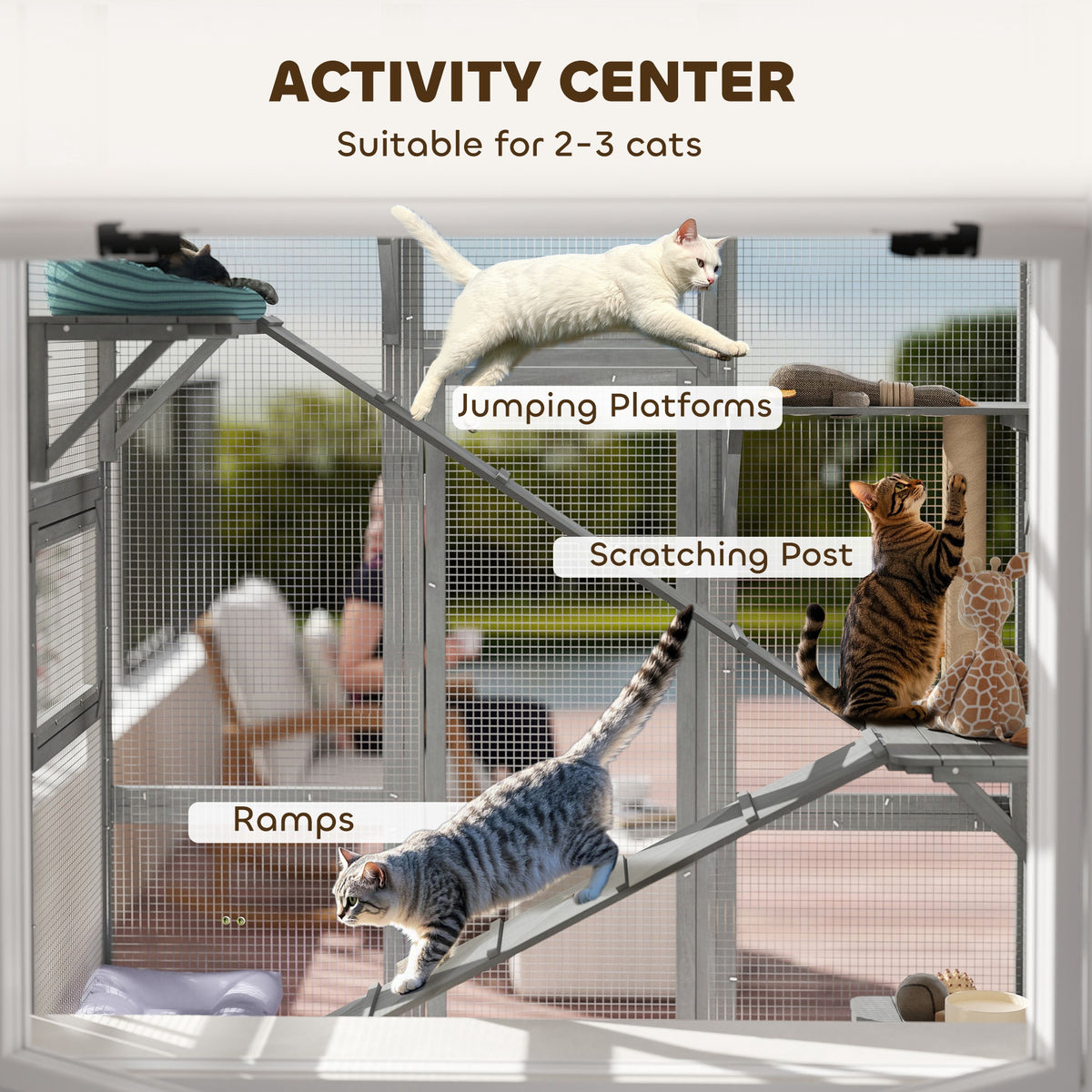 Large Wooden Outdoor Cat Enclosure with Platforms, Ramps & Scratching Post